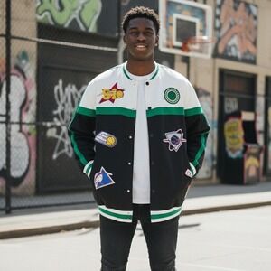 PJ Mark Jacket Mens Sz 2XL Basketball Sports Black White Embroidered Patches Y2K